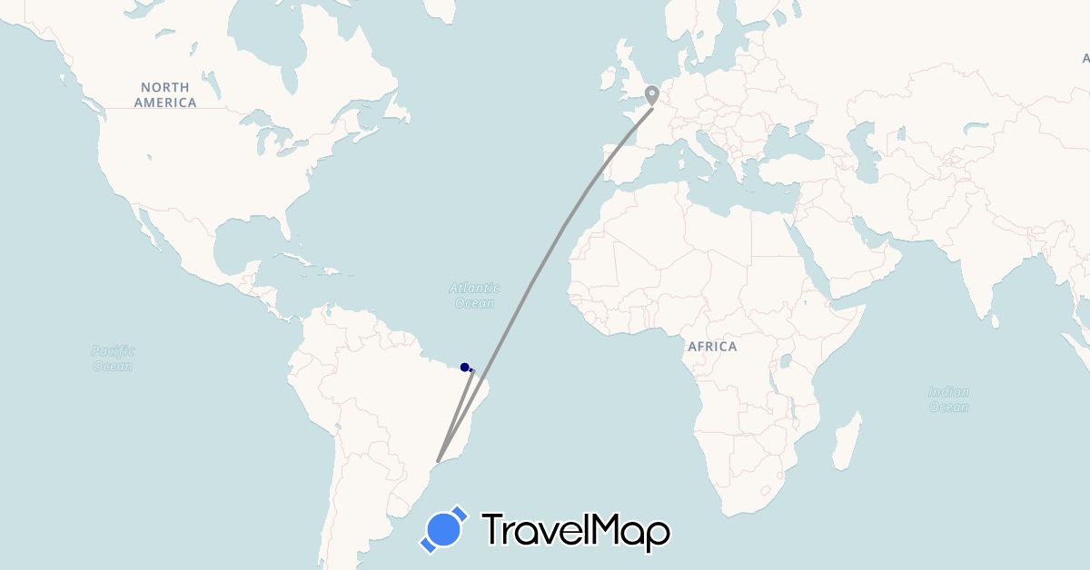TravelMap itinerary: driving, plane in Brazil, France (Europe, South America)